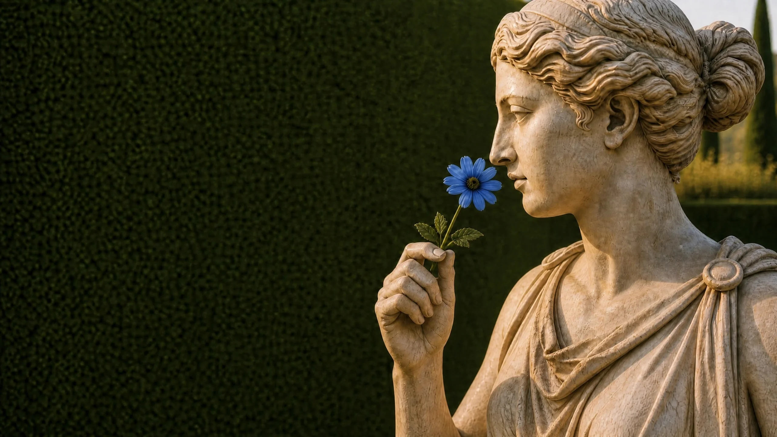 Statue mit einer blauen Blüte