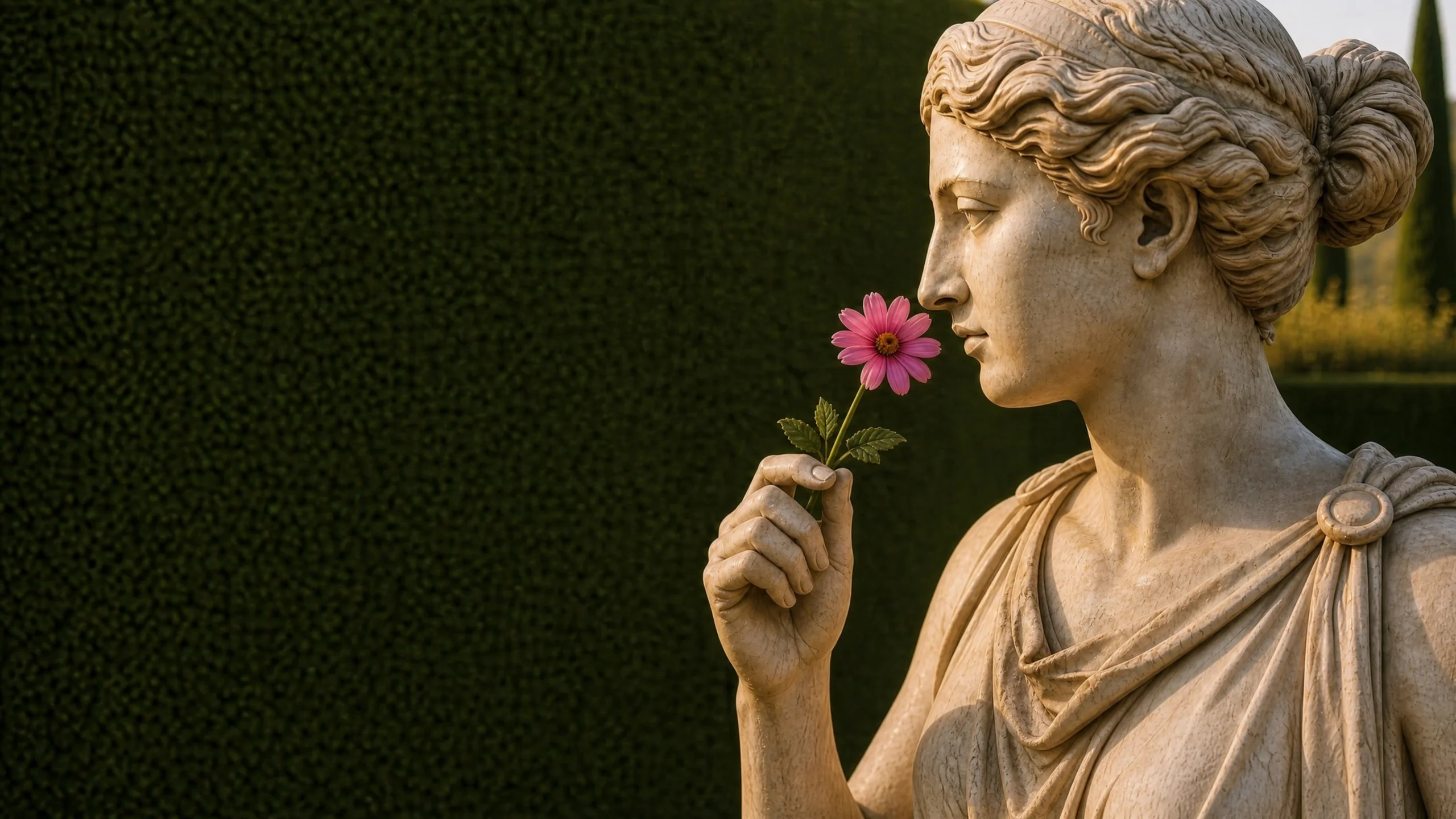 Statue mit einer pinken Blüte