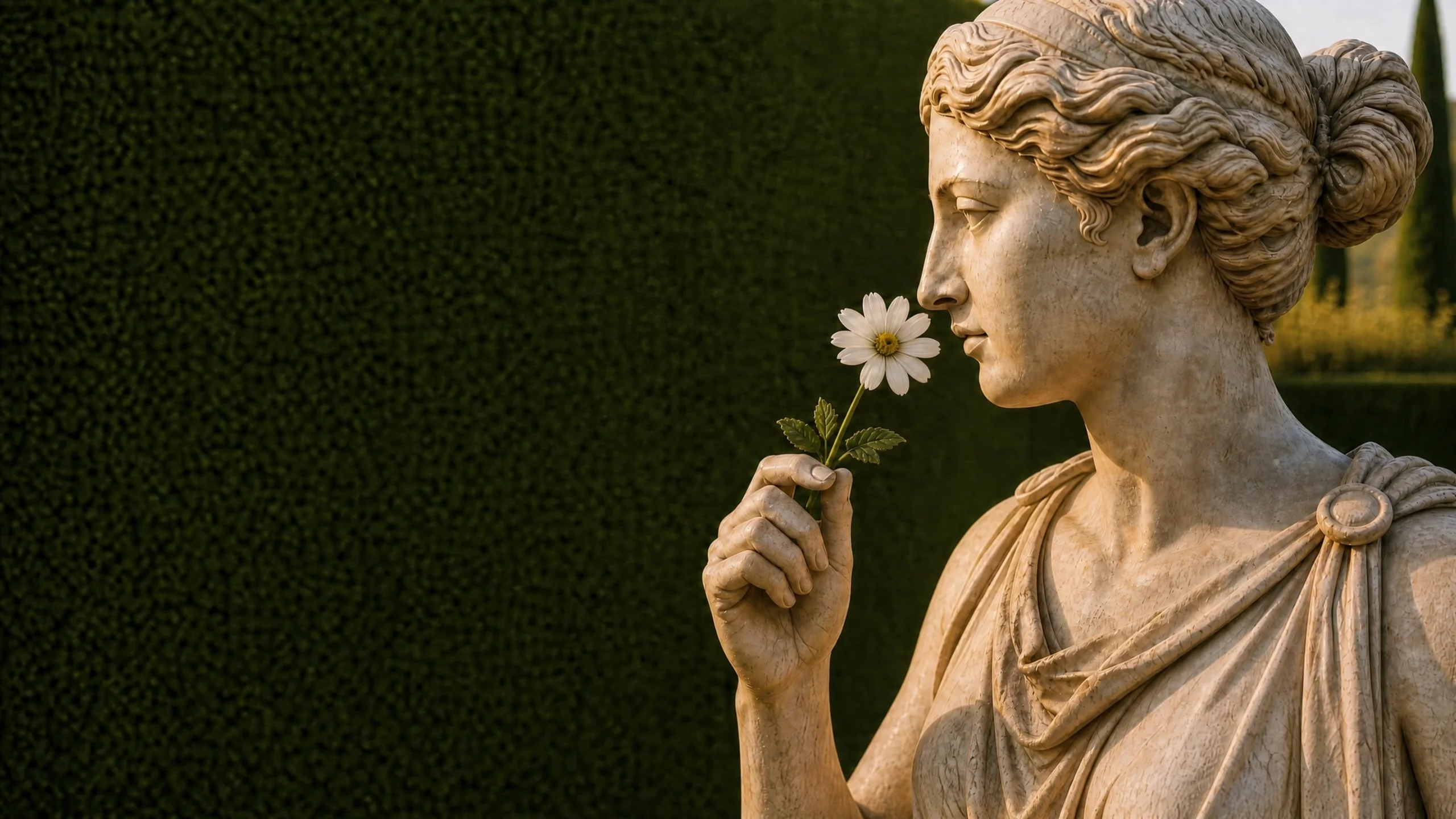 Statue mit einer weißen Blüte