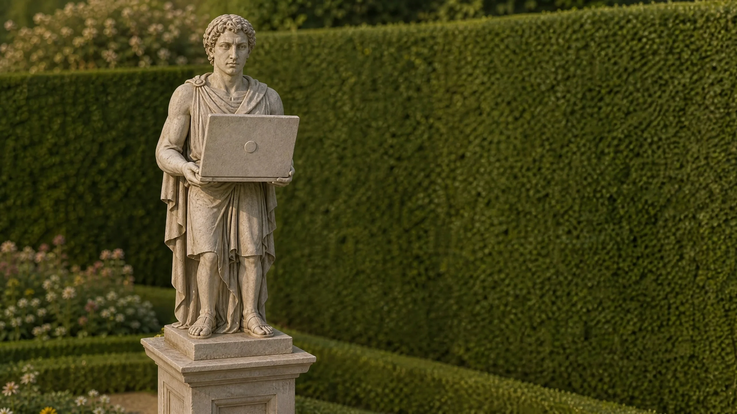 Statue mit steinernem Laptop vor einer Hecke