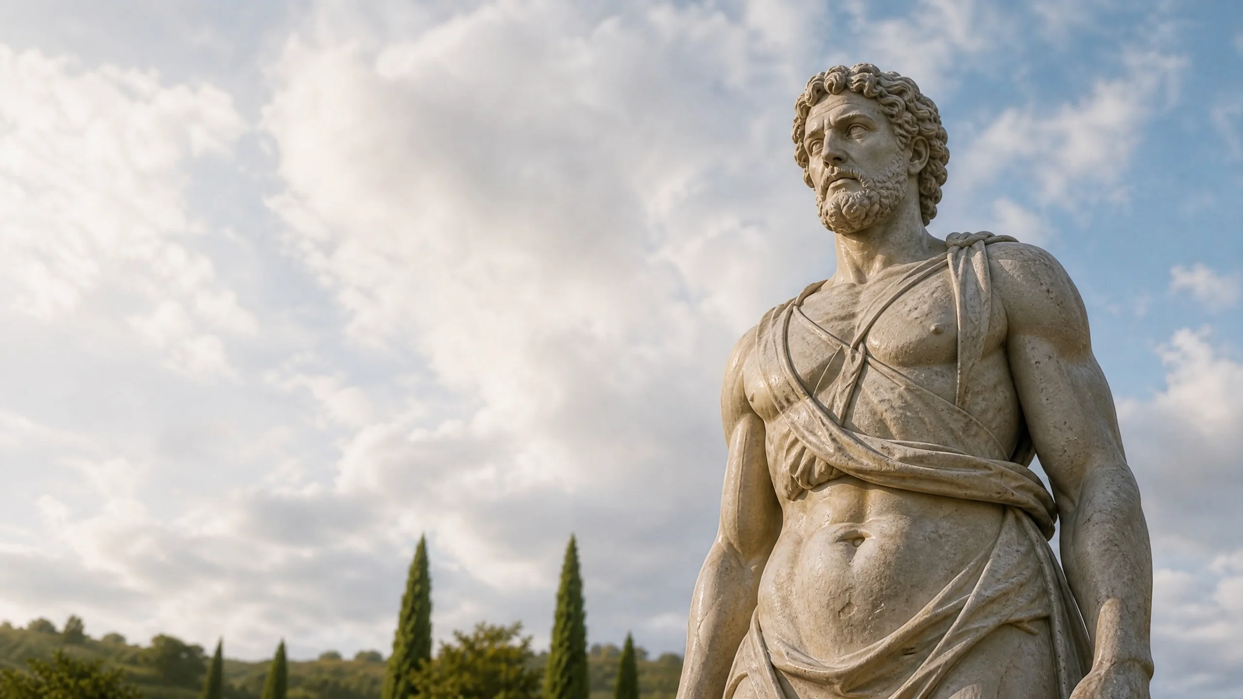 Nahaufnahme der Philosophenfigur über dem Brunnen